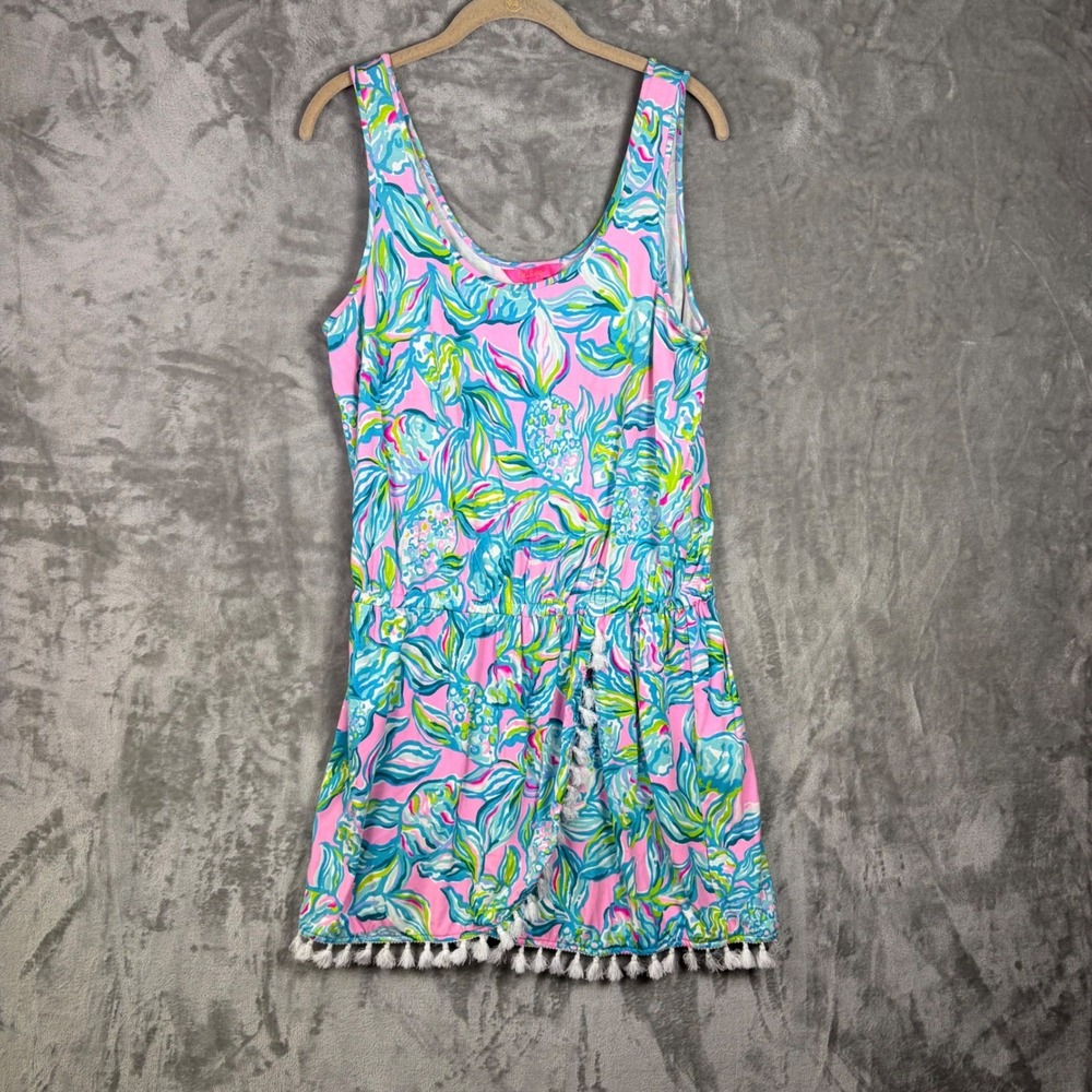 Lilly Pulitzer Pink Blue Floral Tank Romper with Tassel Trim